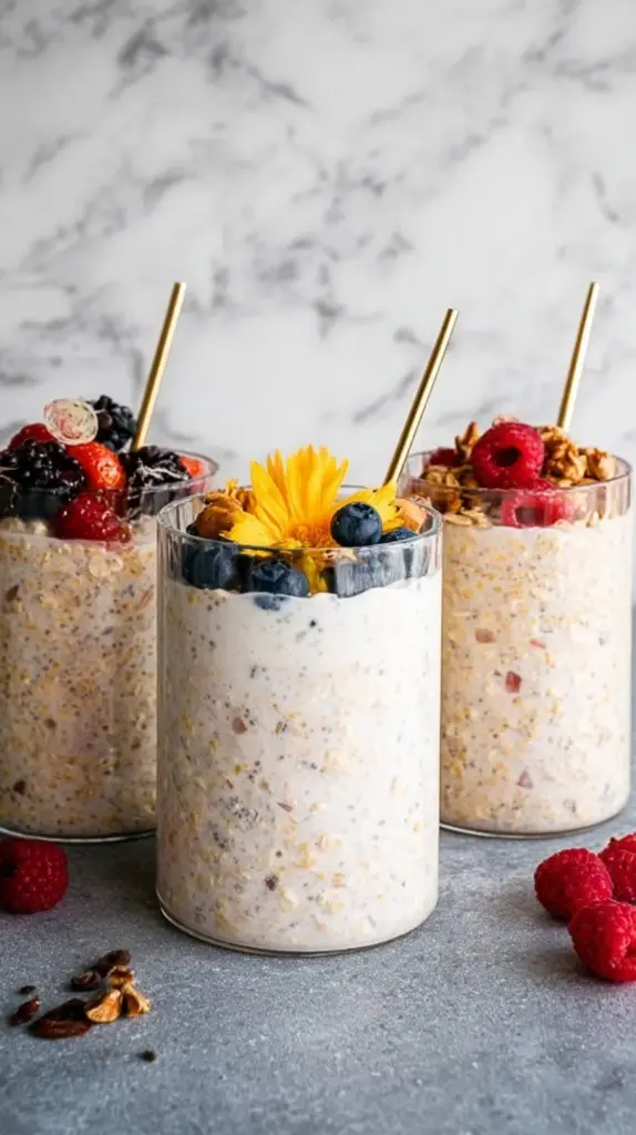A glass jar filled with creamy kefir overnight oats topped with fresh berries and seeds.