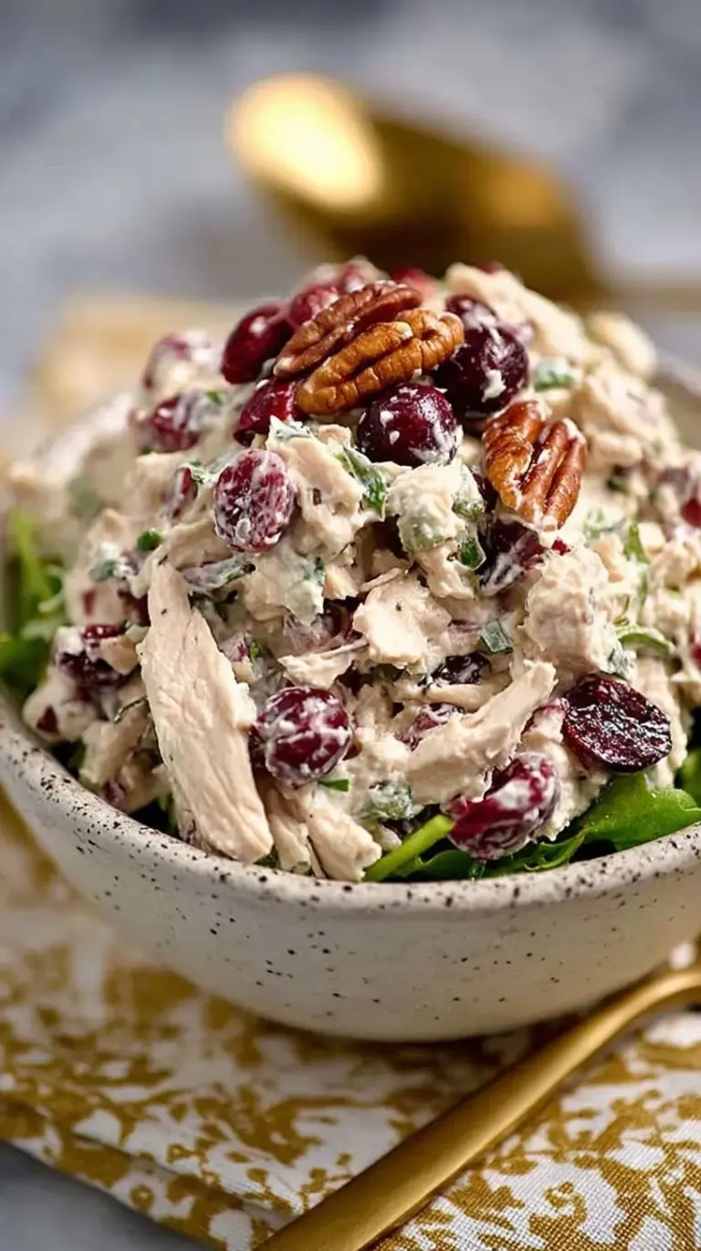 A white bowl filled with creamy Keto Cranberry Chicken Salad topped with pecans and green onions.