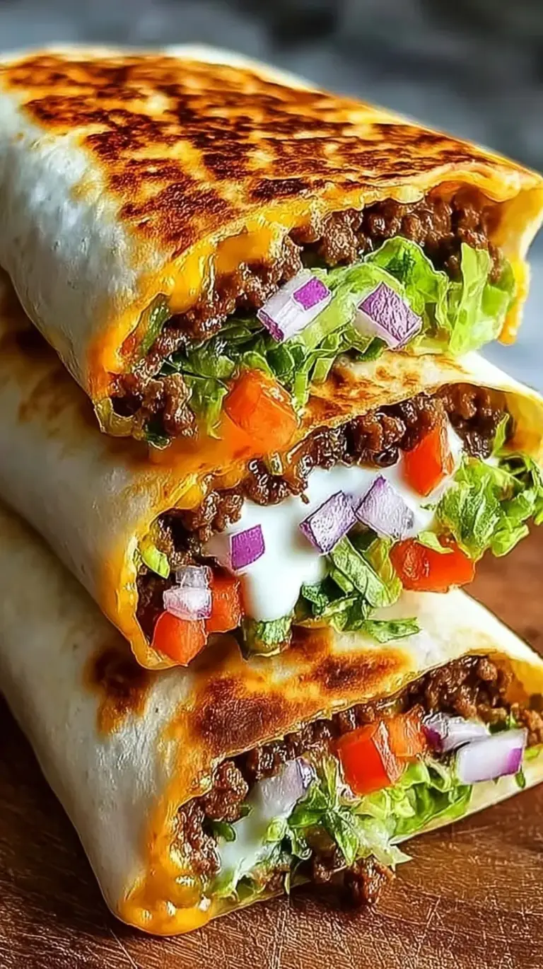 A golden-brown grilled keto crunchwrap sliced in half to show layers of beef, cheese, and fresh lettuce.