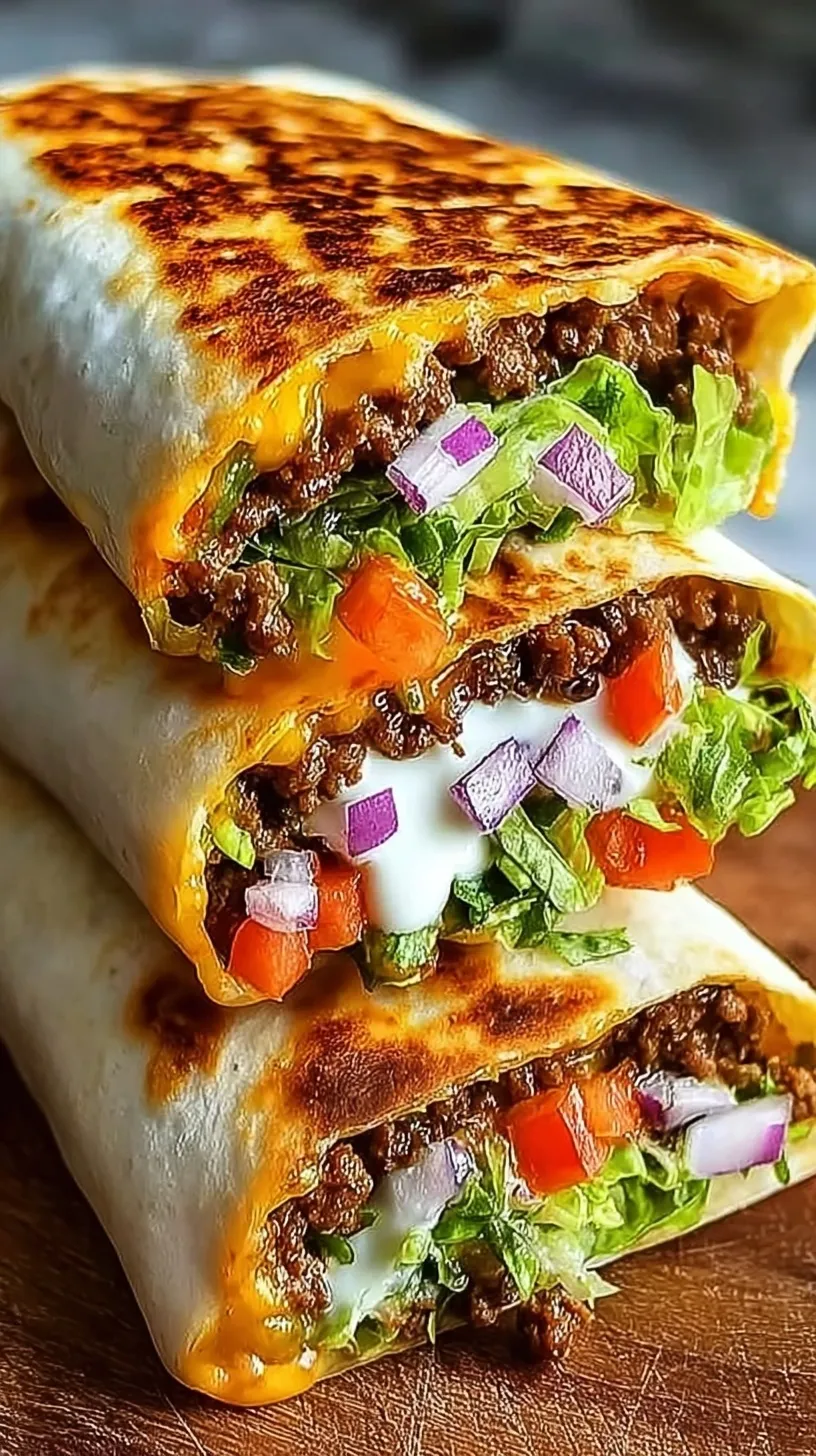 A golden-brown grilled keto crunchwrap sliced in half to show layers of beef, cheese, and fresh lettuce.