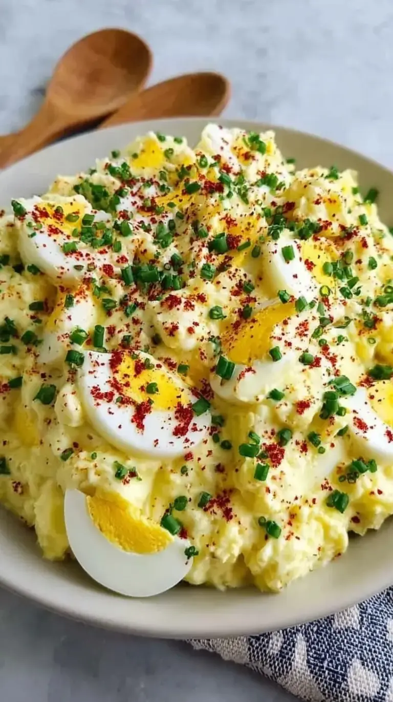 A bowl of creamy keto deviled egg salad topped with fresh chives and smoked paprika.