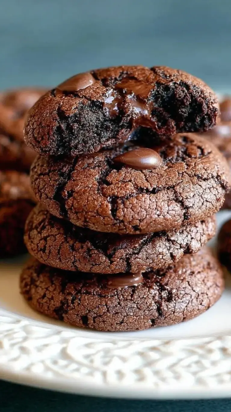 A stack of dark, fudgy chocolate cookies on a parchment-lined baking sheet.