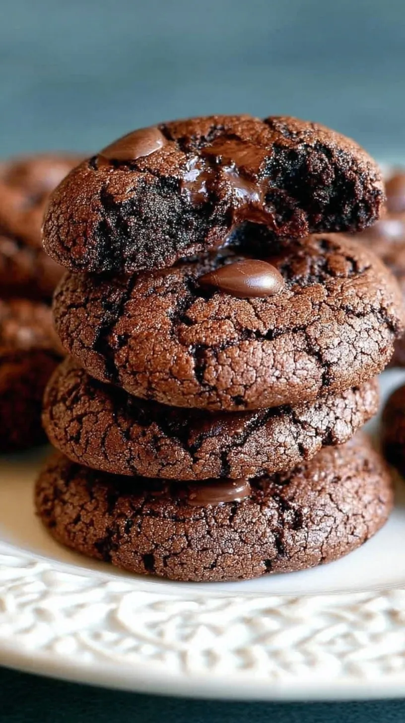 A stack of dark, fudgy chocolate cookies on a parchment-lined baking sheet.