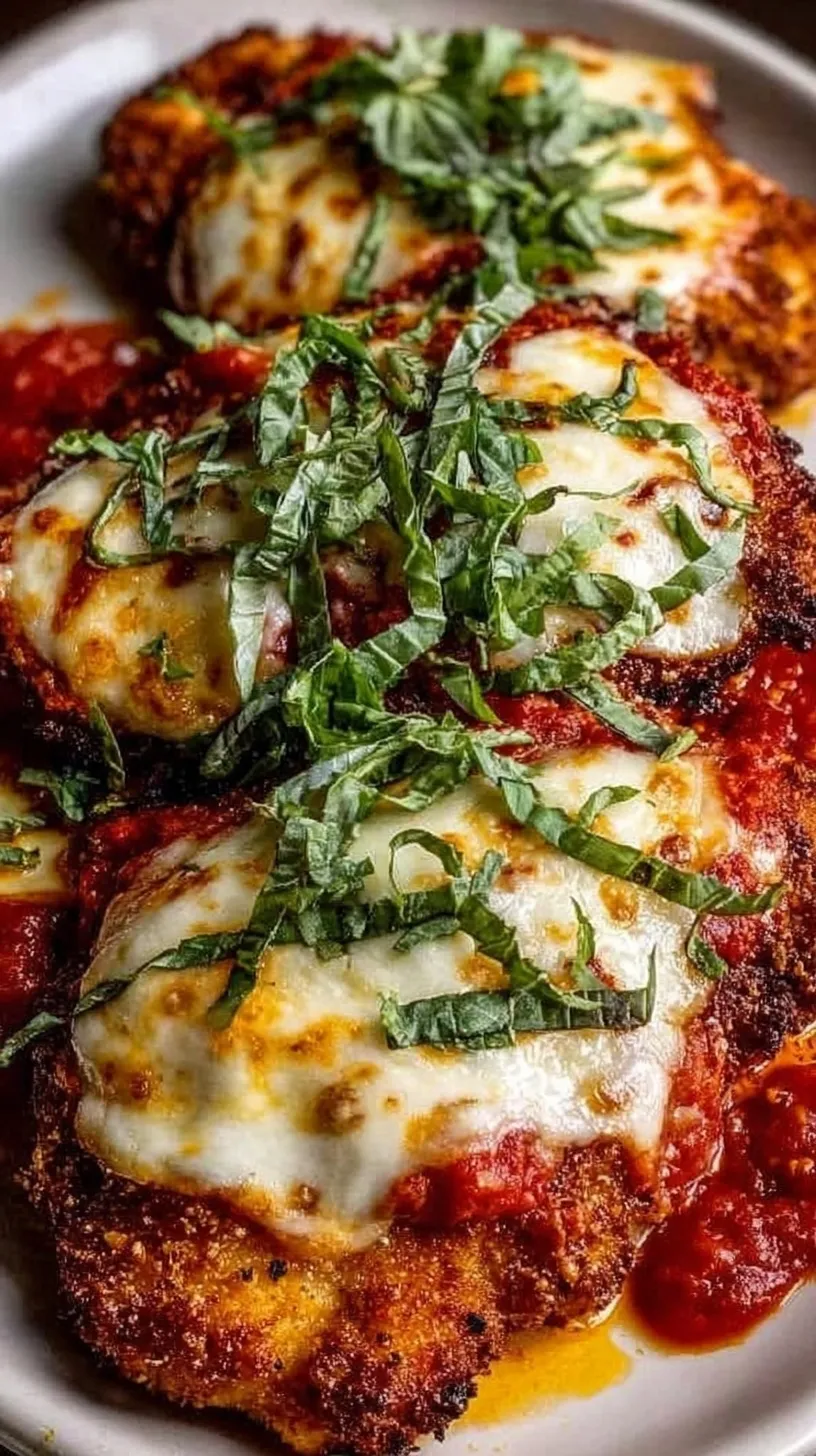 Crispy keto chicken parmesan topped with melted mozzarella and fresh basil in a cast iron skillet.