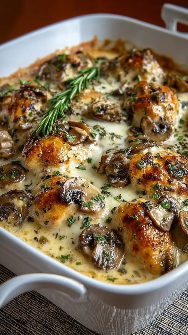 A golden brown keto chicken casserole with melted mozzarella and sautéed mushrooms in a white ceramic dish.