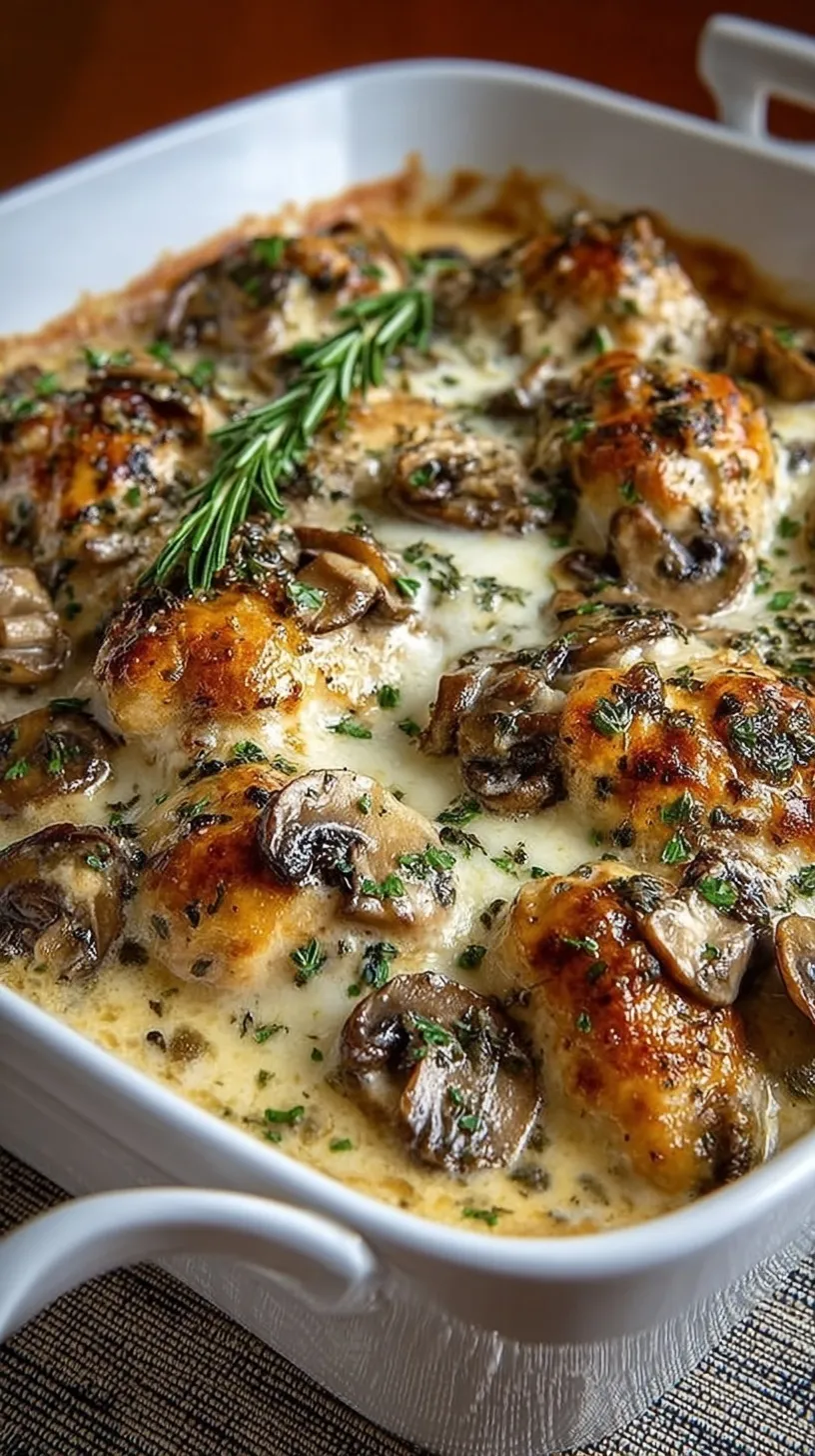 A golden brown keto chicken casserole with melted mozzarella and sautéed mushrooms in a white ceramic dish.