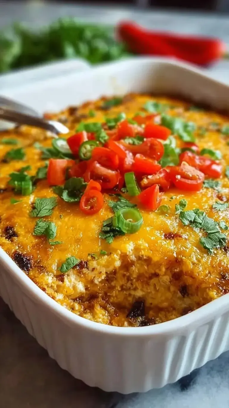 A bubbling Keto Mexican Chicken Casserole topped with melted cheese, fresh cilantro, and green onions in a white baking dish.