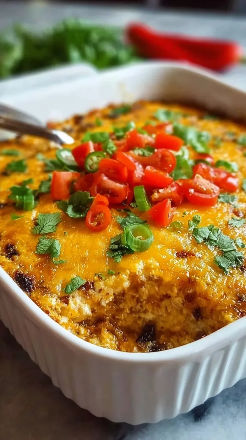 A bubbling Keto Mexican Chicken Casserole topped with melted cheese, fresh cilantro, and green onions in a white baking dish.
