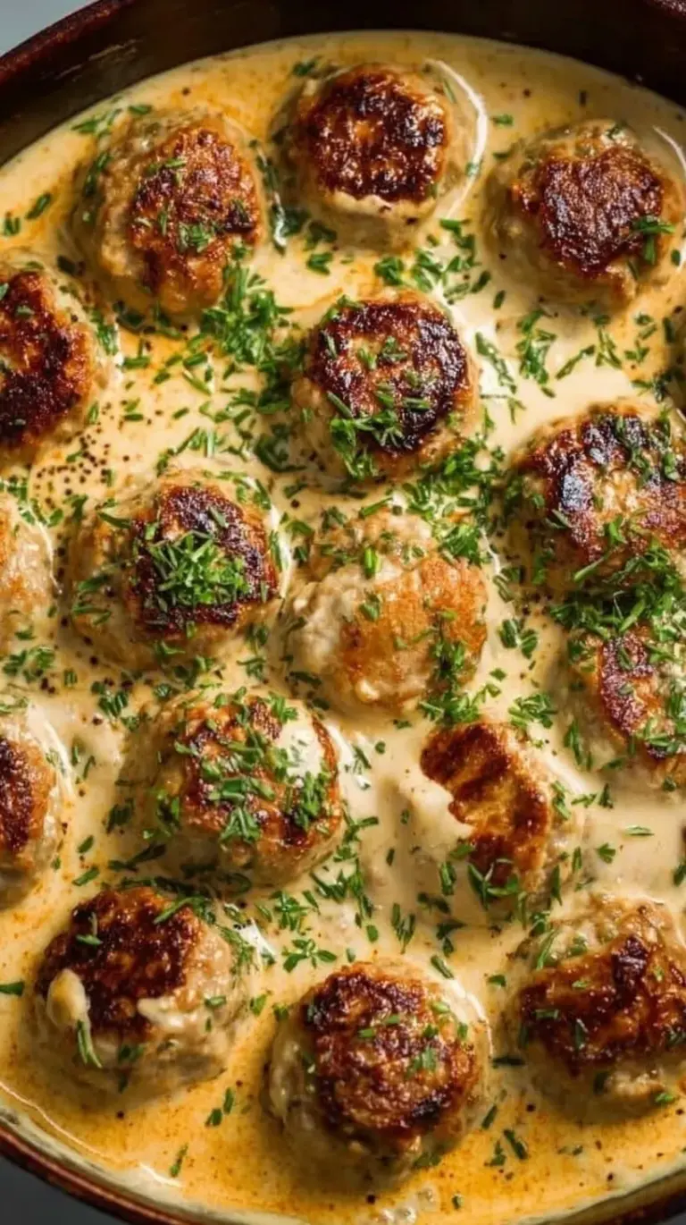 Juicy turkey meatballs in a creamy white parmesan sauce with fresh spinach in a skillet