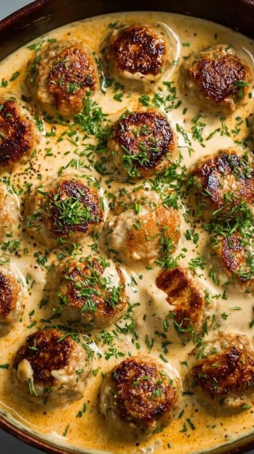 Juicy turkey meatballs in a creamy white parmesan sauce with fresh spinach in a skillet