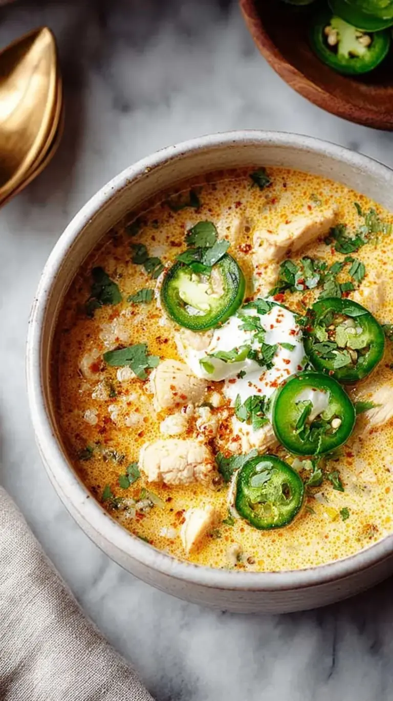 A bowl of creamy white chicken chili topped with cheese and avocado