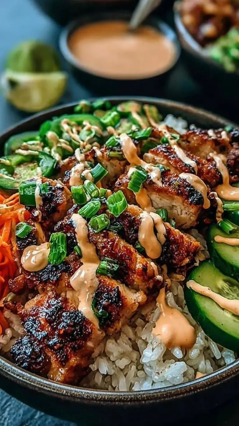 A colorful bowl with grilled chicken, kimchi, julienned carrots, and cucumber drizzled with orange gochujang sauce.