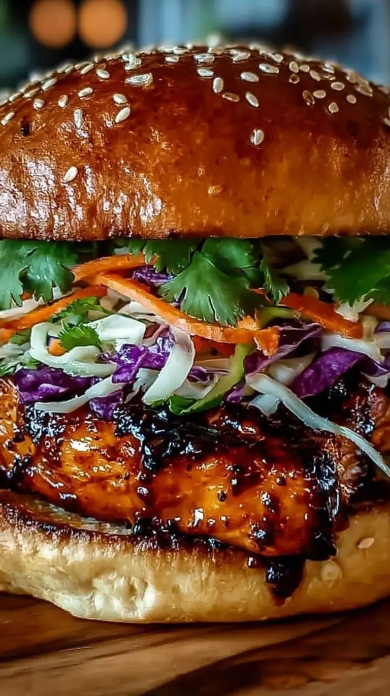 A grilled chicken sandwich on a brioche bun topped with cabbage slaw and kimchi.