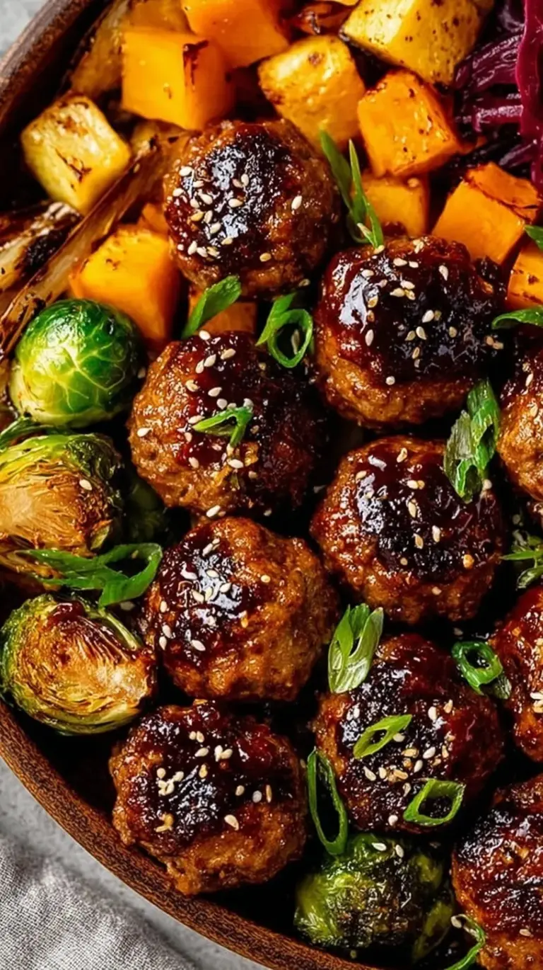 Glazed Korean BBQ meatballs with roasted broccoli and carrots on a parchment-lined baking sheet.