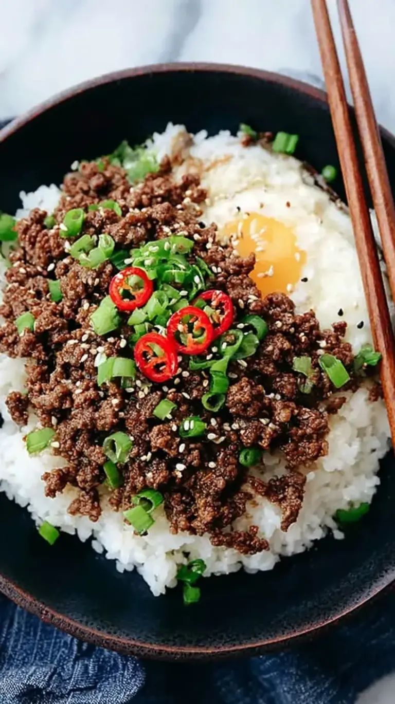 A bowl of savory Korean ground beef over white rice with green onions and sesame seeds