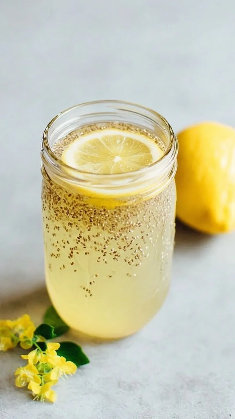 A tall glass of Lemon Chia Fresca with lemon slices and ice cubes on a bright table