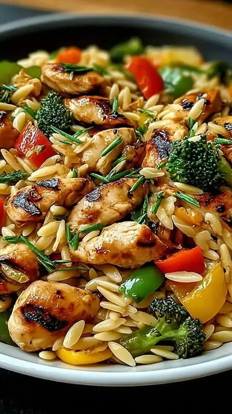 A vibrant skillet of lemon chicken and veggie orzo stir fry with green peas and zucchini.