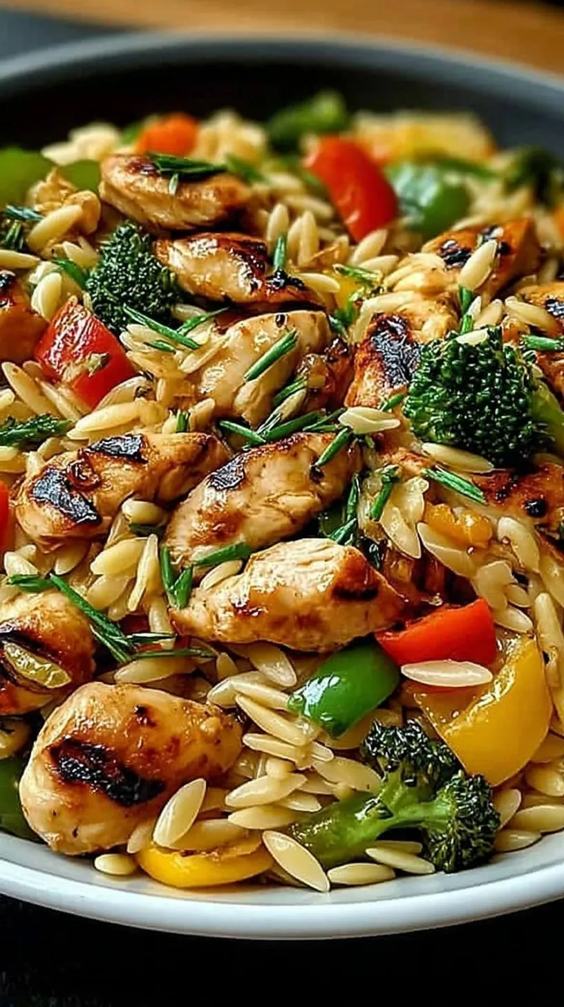 A vibrant skillet of lemon chicken and veggie orzo stir fry with green peas and zucchini.