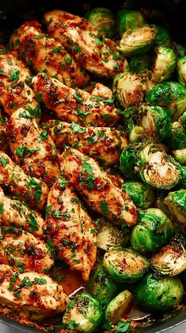 Golden pan-seared chicken pieces and charred Brussels sprouts in a lemon garlic butter sauce in a cast iron skillet.