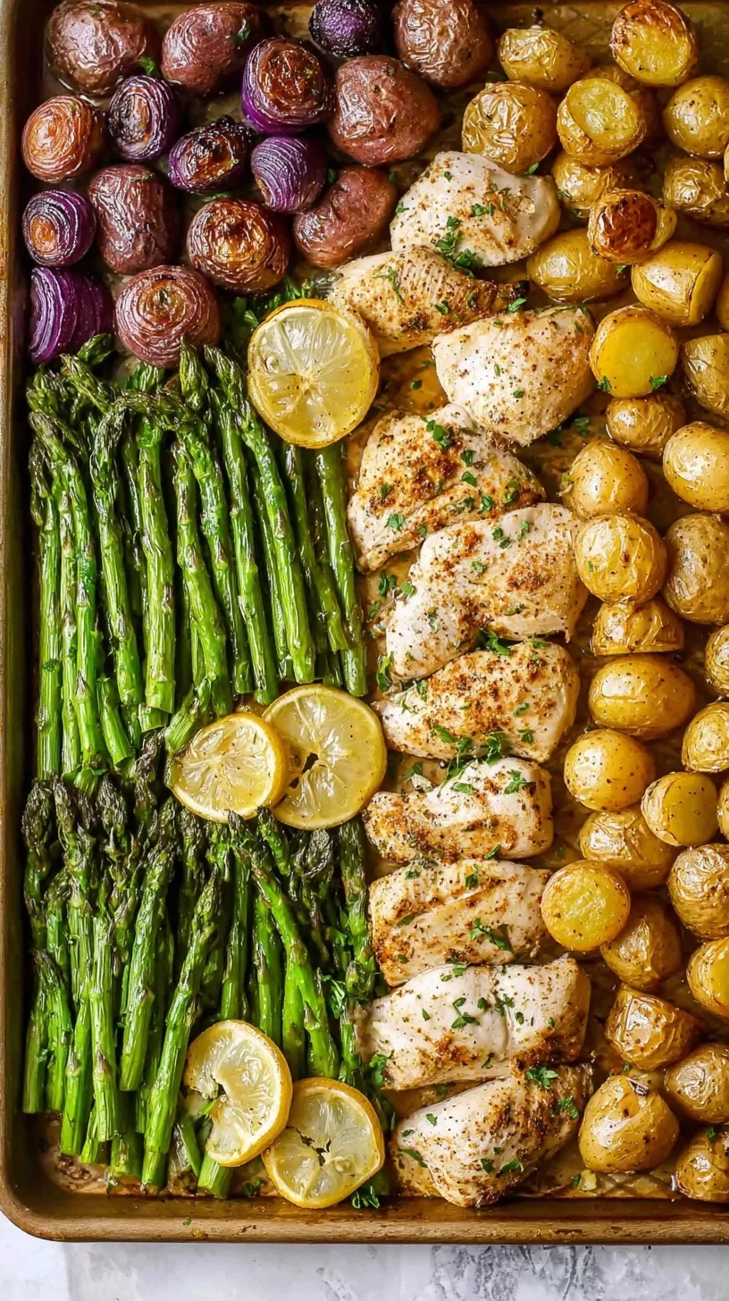 A sheet pan filled with roasted lemon garlic chicken thighs, golden potatoes, and fresh green asparagus.