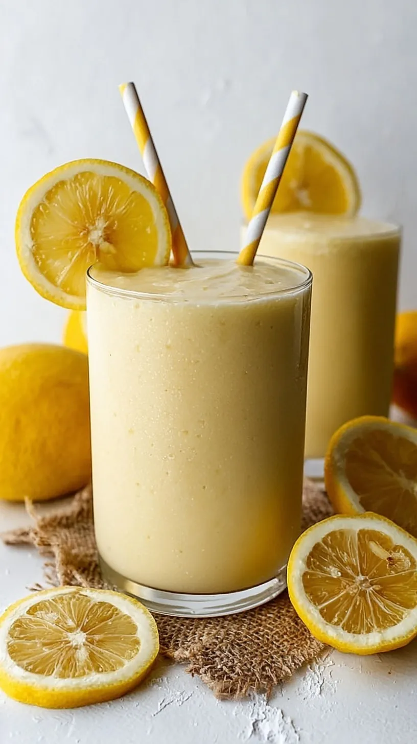 A creamy, frothy yellow lemon smoothie in a tall glass with a lemon slice garnish.