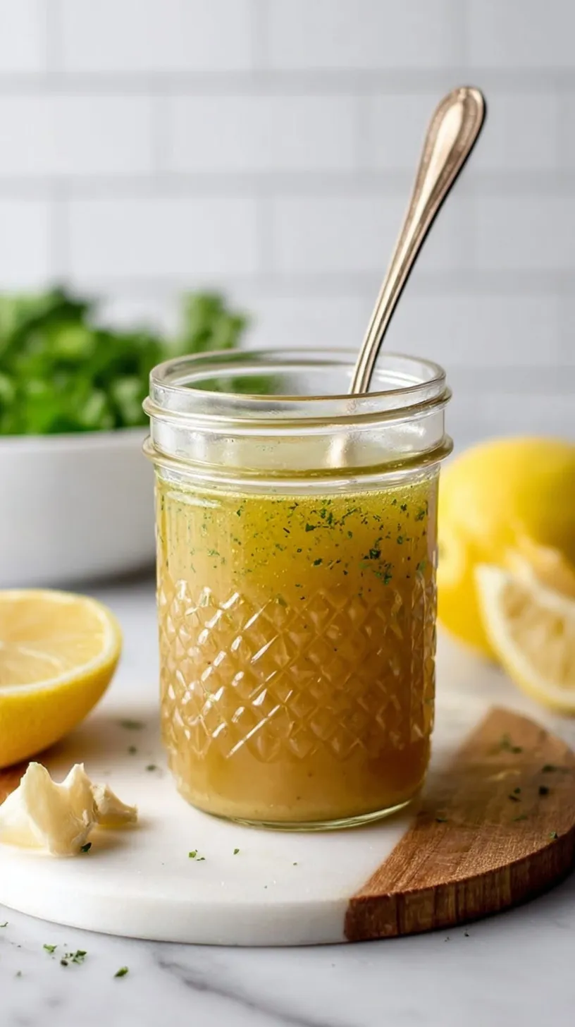 A glass jar filled with golden lemon vinaigrette dressing next to fresh lemons and a whisk.