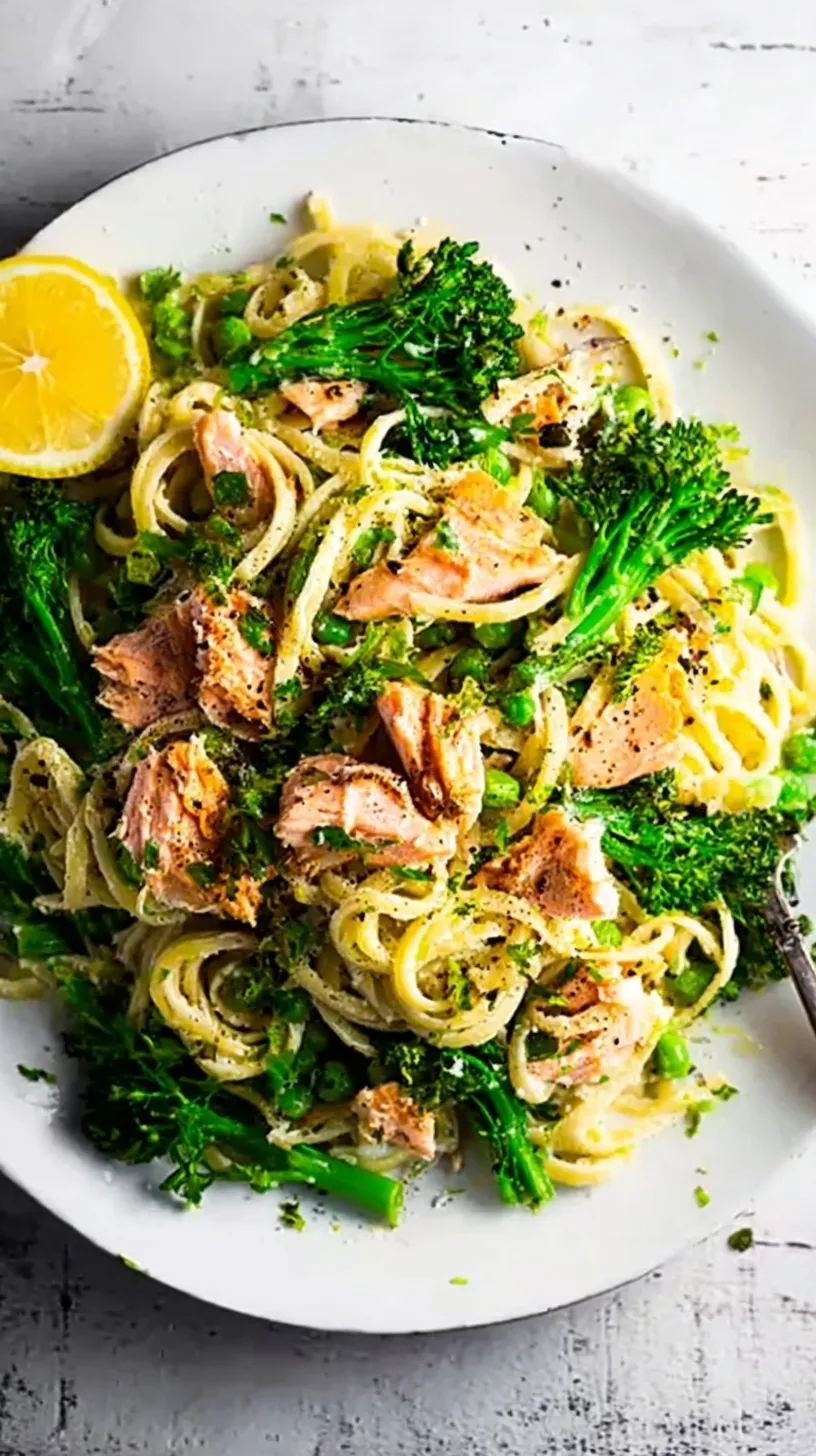 A bowl of creamy lemony salmon pasta with fresh parsley and lemon zest