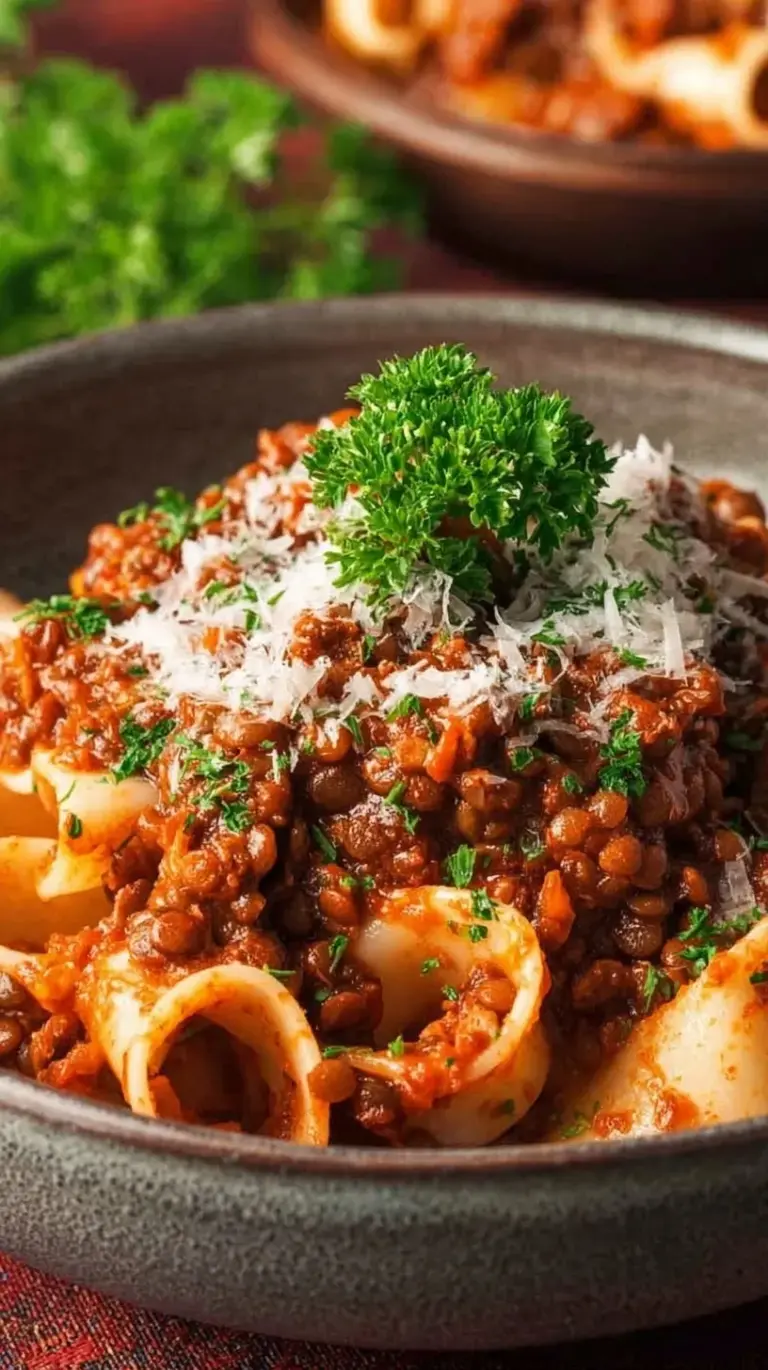 A bowl of hearty lentil ragu served over thick pasta with fresh herbs