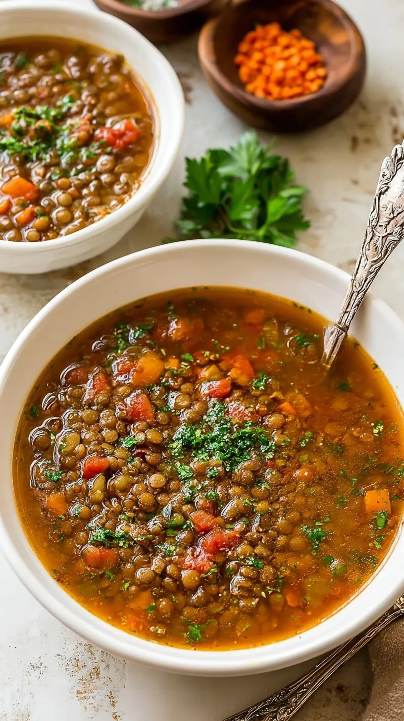 A steaming bowl of classic lentil soup with fresh spinach and lemon slices on a wooden table.