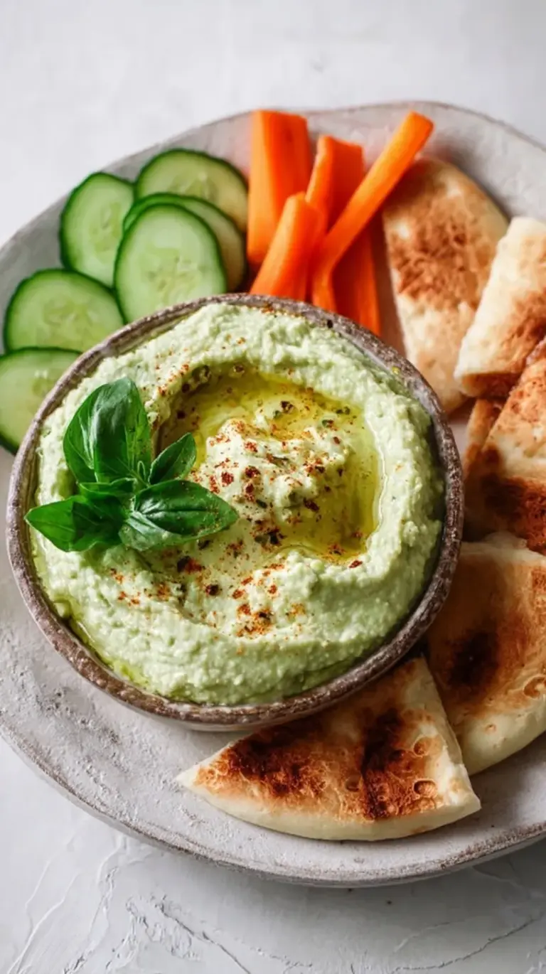 A bowl of creamy lima bean hummus topped with olive oil and herbs next to fresh vegetable sticks.