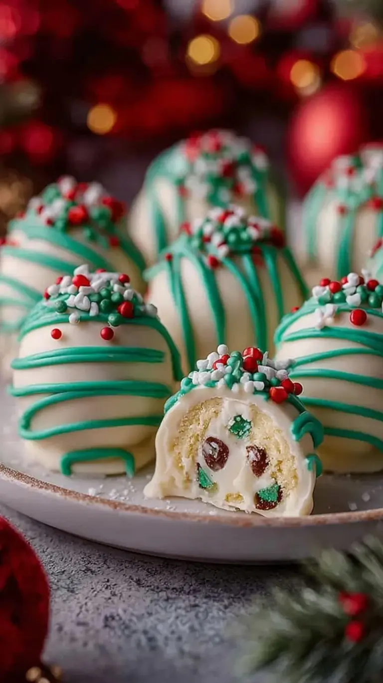 White chocolate coated truffles decorated with red and green sprinkles on a festive platter.