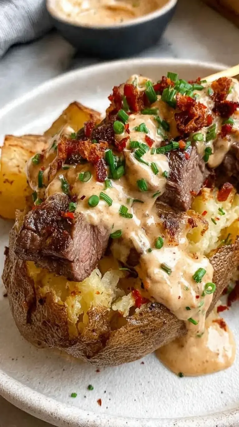 A fluffy baked potato topped with seared steak strips, melted cheese, bacon, and sour cream.
