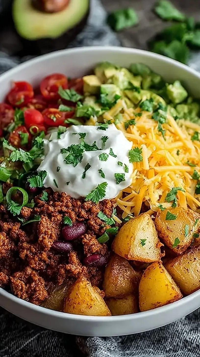 A vibrant bowl filled with crispy roasted potatoes, seasoned ground beef, black beans, corn, and fresh taco toppings.
