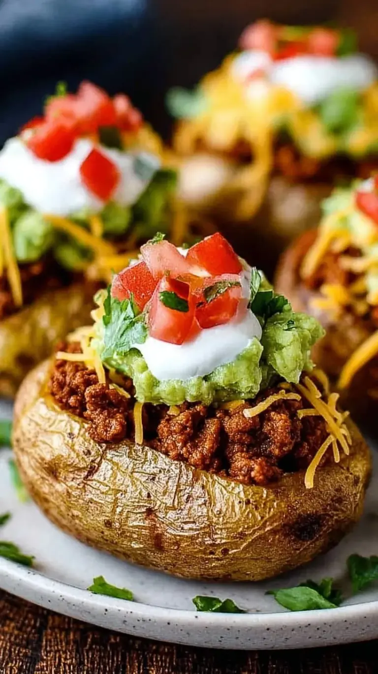 A baked russet potato sliced open and stuffed with taco meat, cheese, salsa, and sour cream.