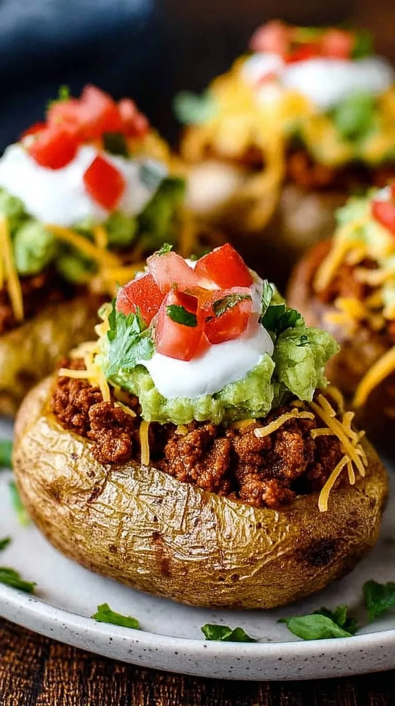 A baked russet potato sliced open and stuffed with taco meat, cheese, salsa, and sour cream.