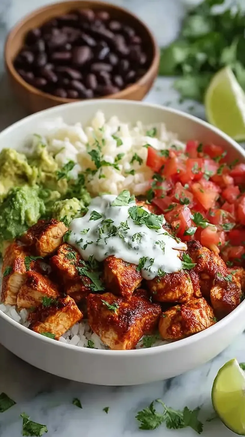 A colorful chicken burrito bowl with cauliflower rice, black beans, corn, and fresh cilantro in a white bowl.