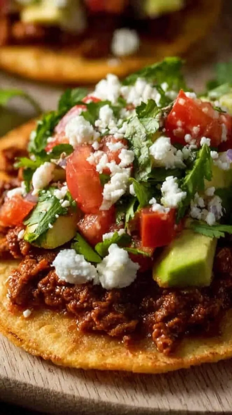 Four crispy baked chicken tostadas topped with shredded chicken, lettuce, tomato, and salsa verde on a white platter.
