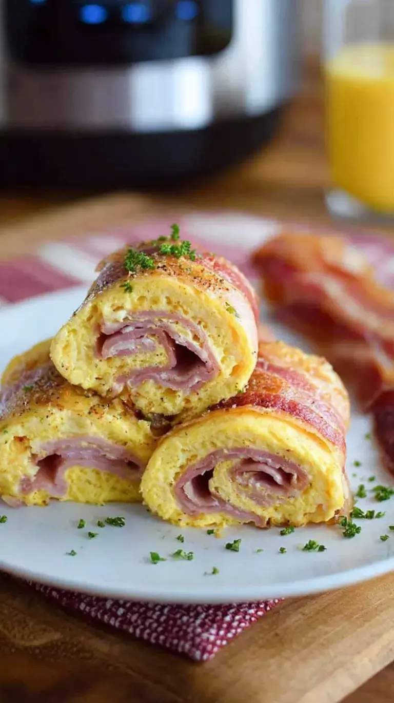 Golden egg roll ups filled with melted cheese and crispy bacon garnished with fresh chives