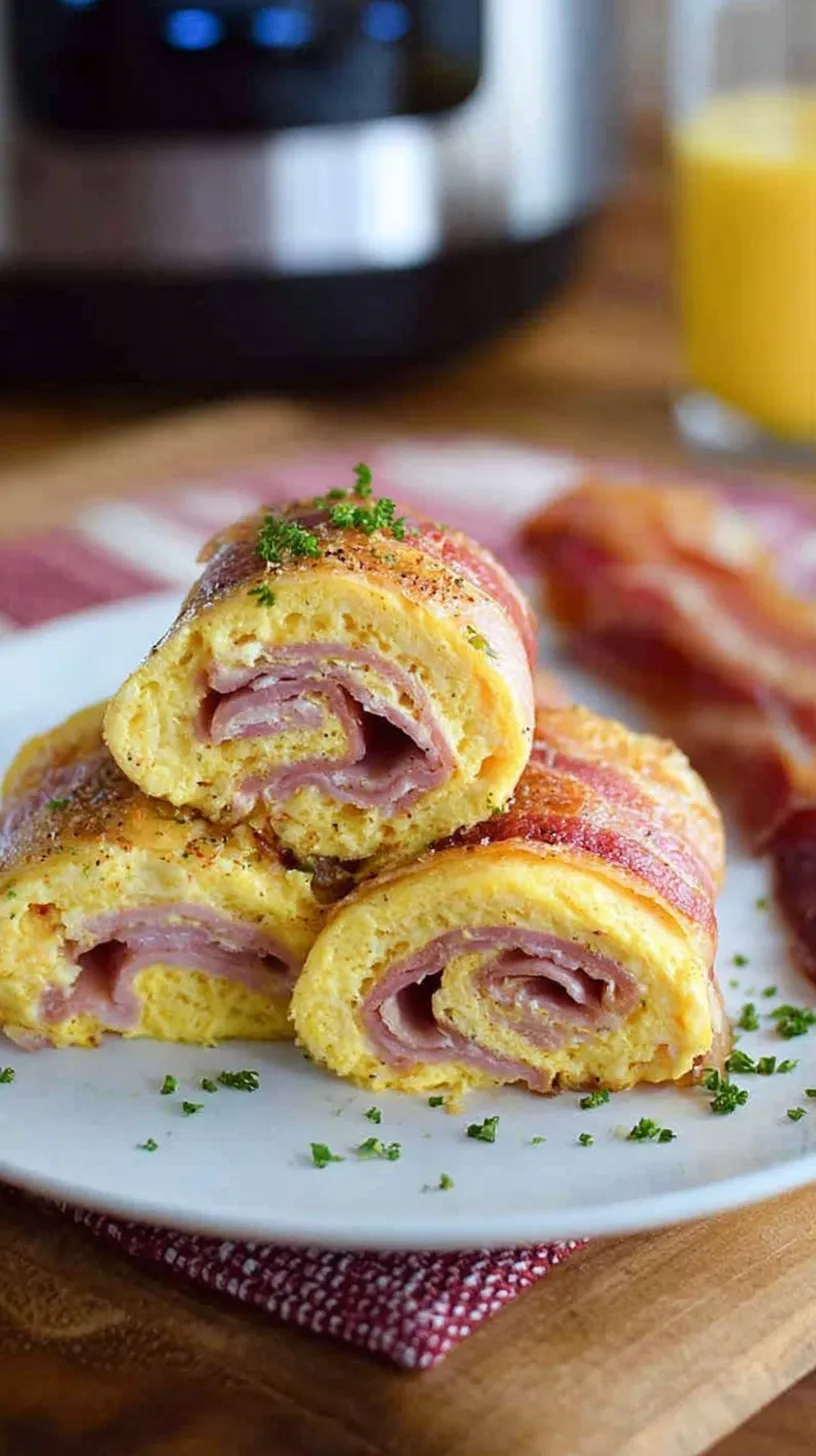 Golden egg roll ups filled with melted cheese and crispy bacon garnished with fresh chives