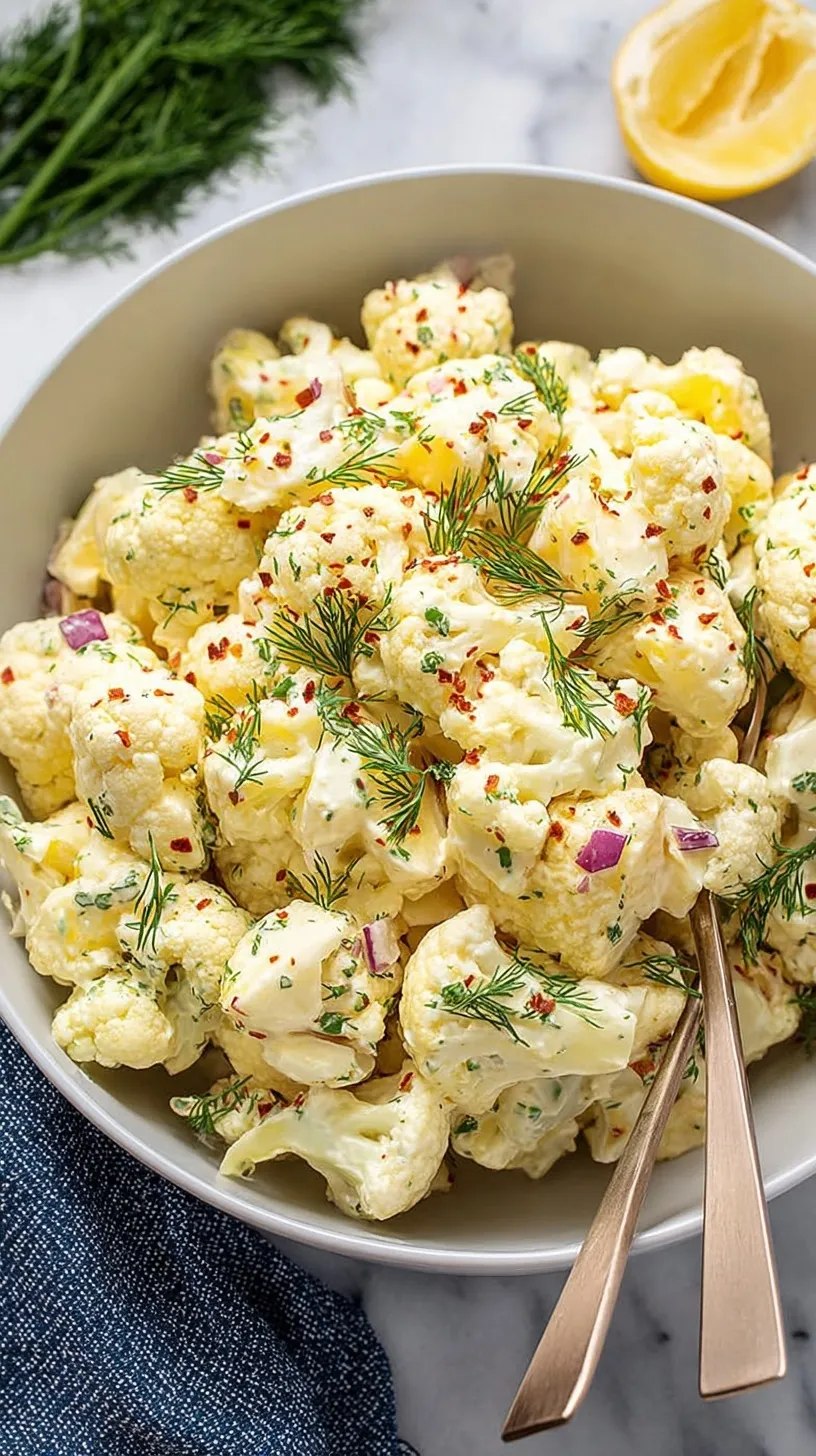 A bowl of creamy cauliflower potato salad garnished with fresh dill and paprika