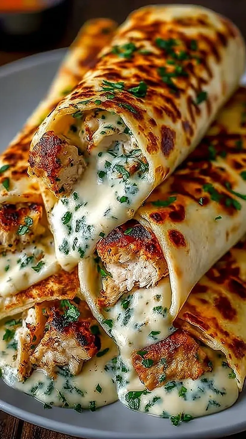 Golden sautéed garlic chicken with melted mozzarella and fresh spinach inside a low-carb tortilla wrap.