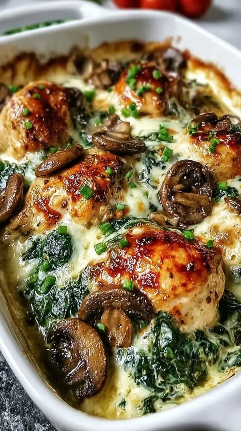 A golden, bubbly low-carb chicken bake in a skillet with melted mozzarella, spinach, and mushrooms.