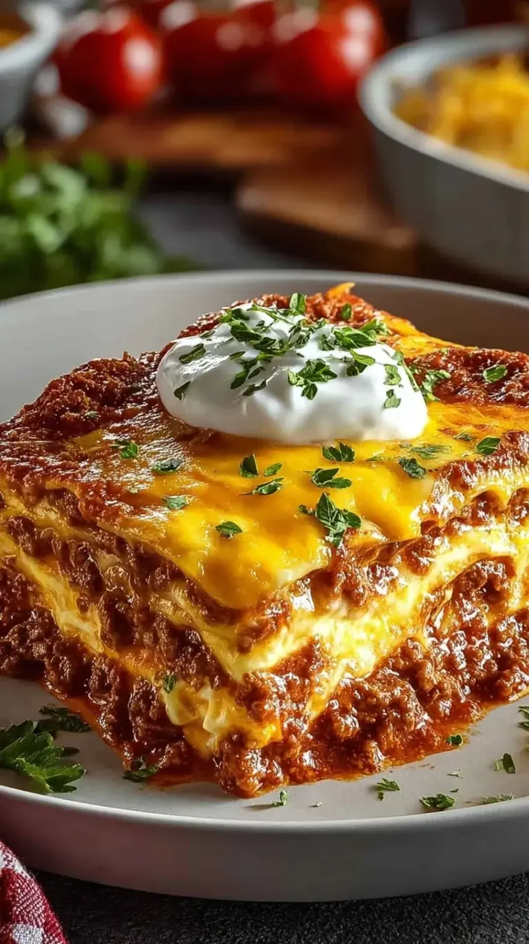 A bubbling dish of cheesy keto lasagna made with egg white wraps and savory meat sauce.