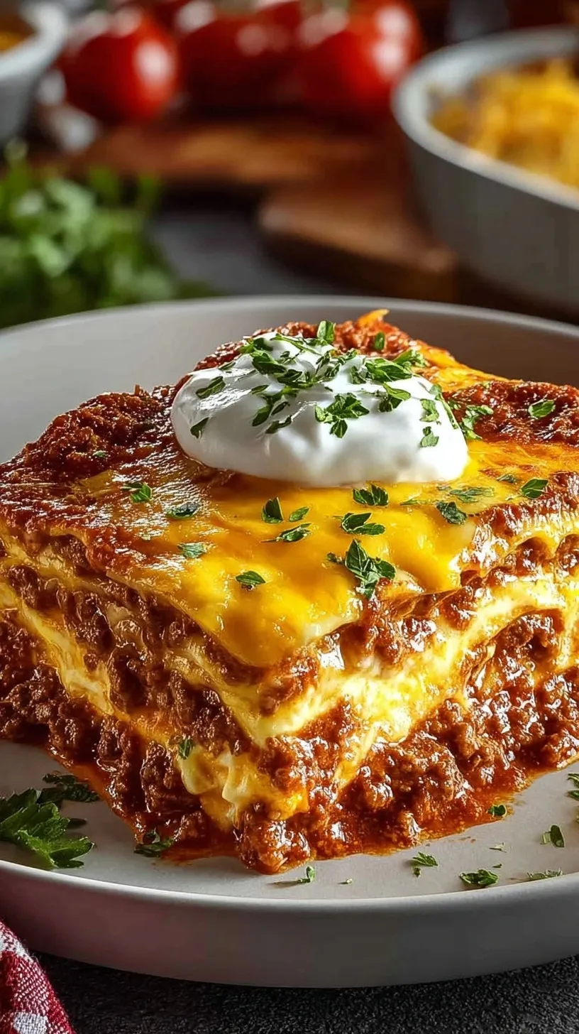 A bubbling dish of cheesy keto lasagna made with egg white wraps and savory meat sauce.