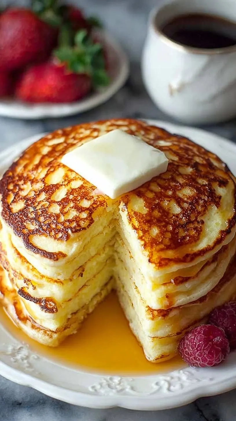 Golden brown flourless cottage cheese pancakes stacked on a plate with fresh berries