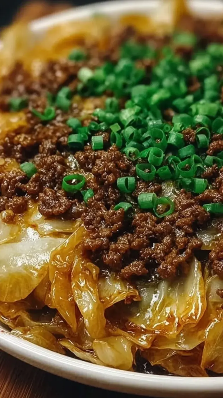 Sizzling low carb Mongolian beef with shredded cabbage and green onions in a dark skillet