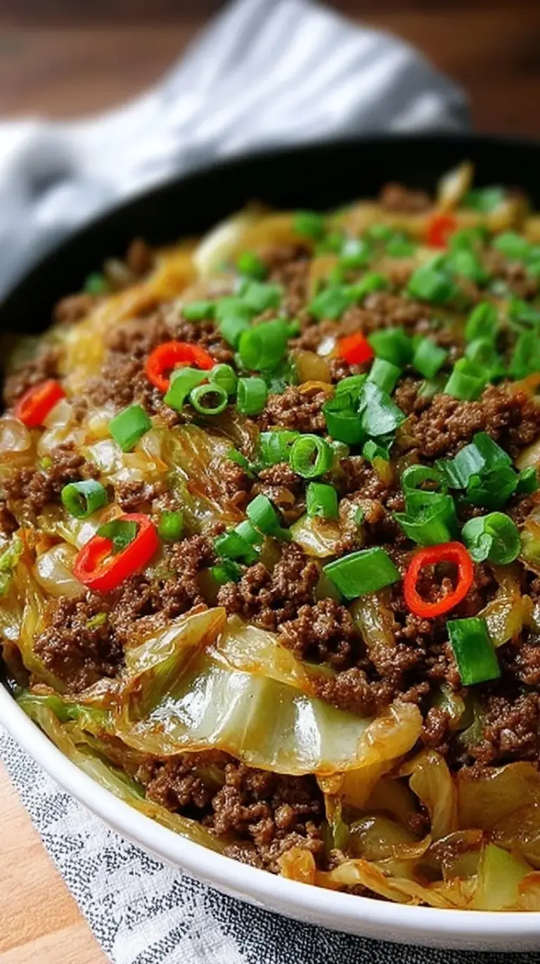 A steaming skillet of ground beef and shredded cabbage with green onions and sesame seeds
