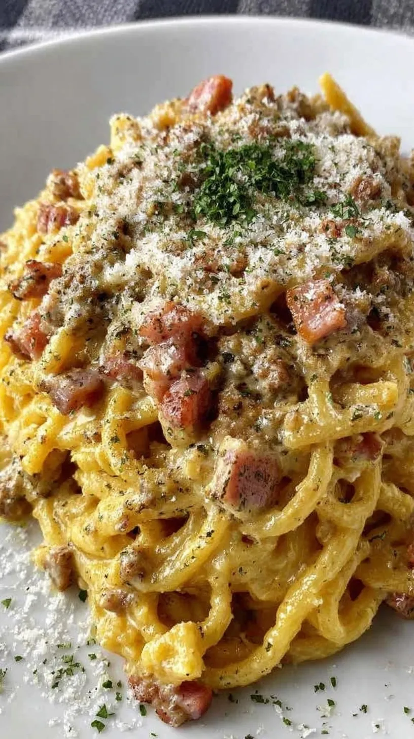 A bowl of creamy low carb pasta carbonara with zucchini noodles and crispy guanciale