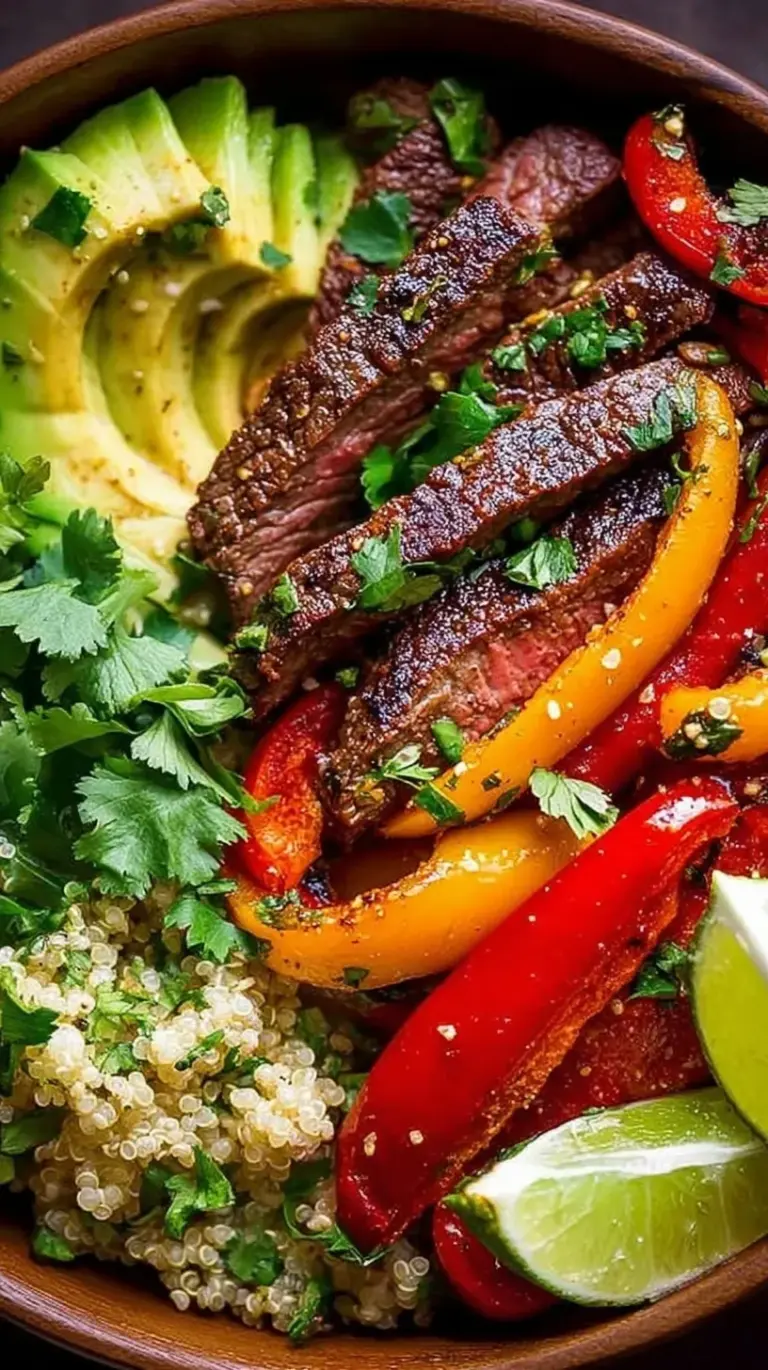A colorful Low Carb Steak Fajita Bowl with seared steak, peppers, and avocado over cauliflower rice.