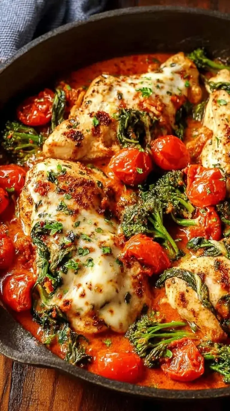 Golden seared chicken breasts in a creamy garlic sauce with spinach and sun-dried tomatoes in a skillet.
